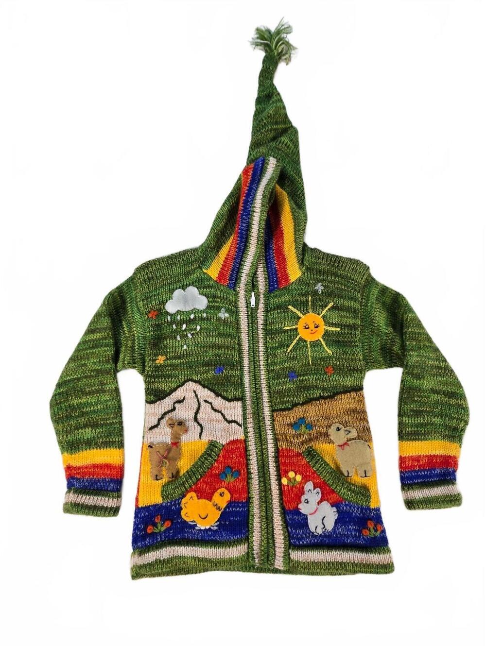 Peruvian Hand Knit Folk Art Hooded Sweater Cardigan 2T/3T